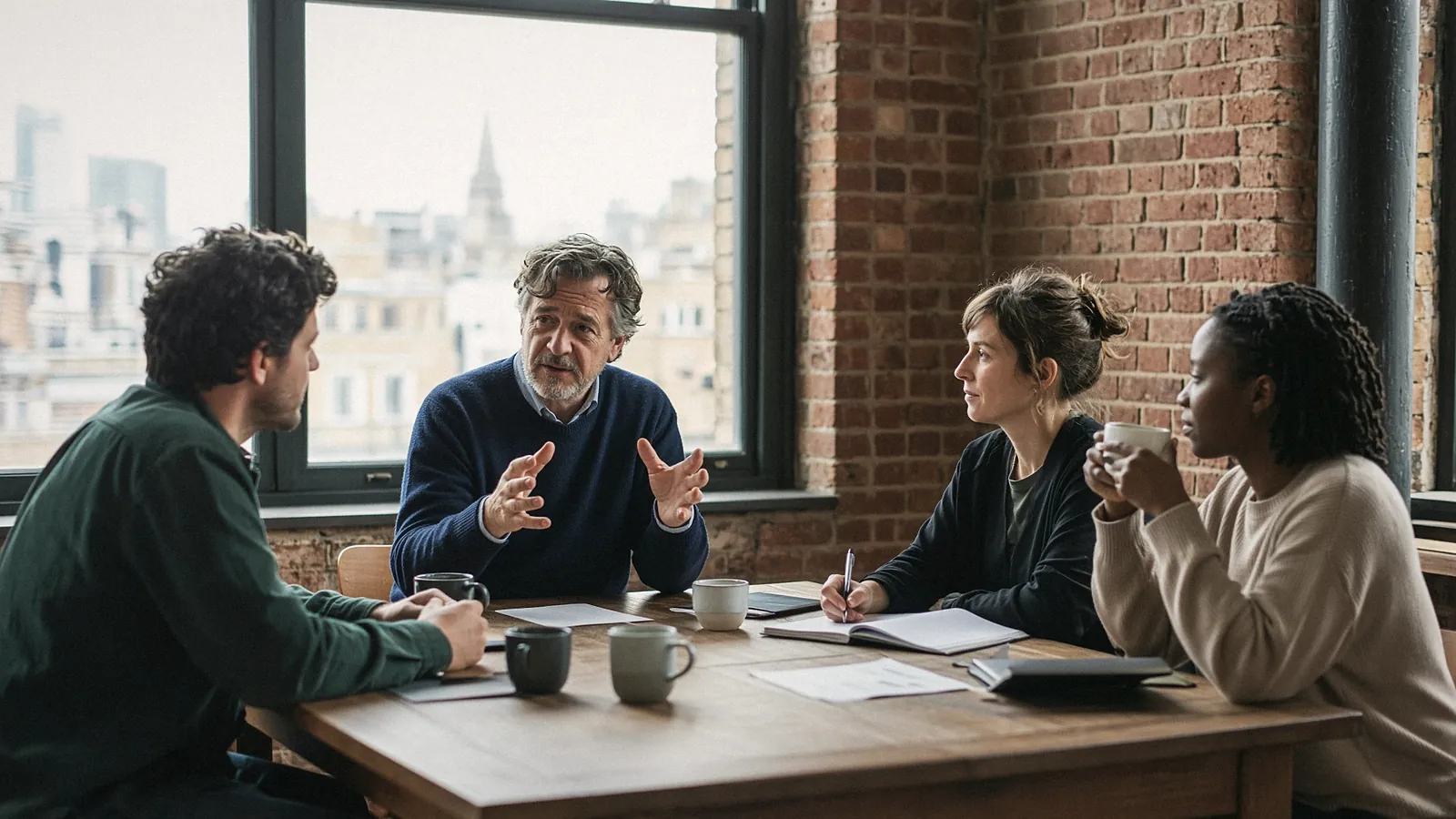 A business owner meeting with his team